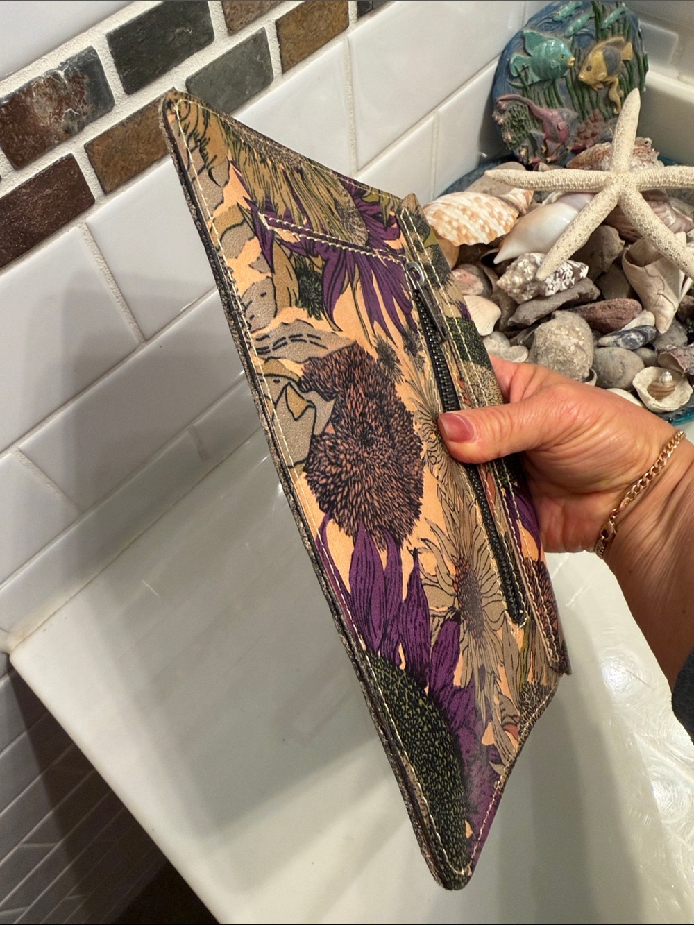 Patricia Nash Yellow Beige Floral Sunflower Clutch with Purple Accents - Picture 7 of 8